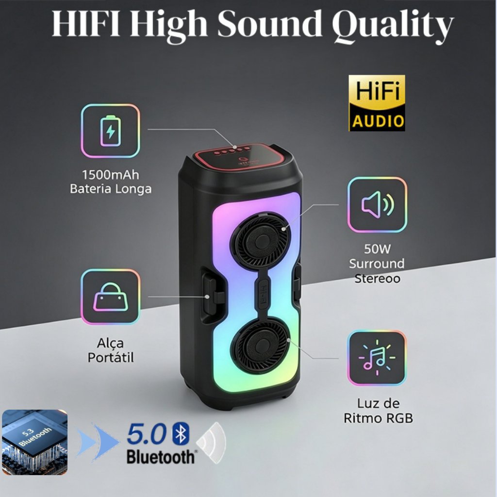 Caixa de som Bluetooth Portátil Com Led RGB Portátil FM USB TWS 50W Para Praia, Festa ou Viagem 1500mah Potente