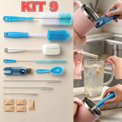 Kit 9 escovas multifuncionais de limpeza, incluindo escova de cabo longo, escova para canudos e para copos