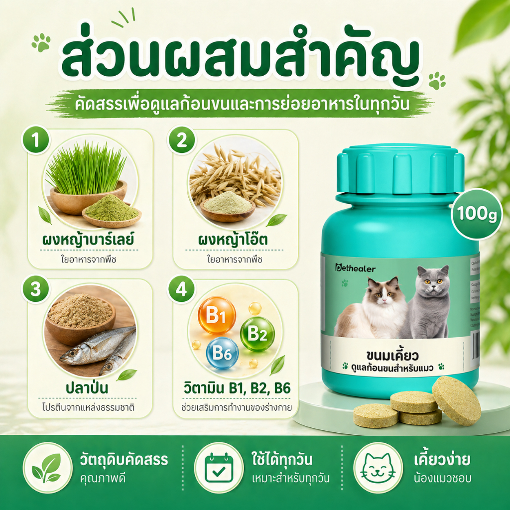 Hairball Cat Treat 100g ขนมแมวเลียเม็ด Pethealer ดูแลก้อนขน แมวขนร่วง ระบบทางเดินอาหาร Cat Digestive Care Snack เคี้ยวง่าย - ภาพที่ 6