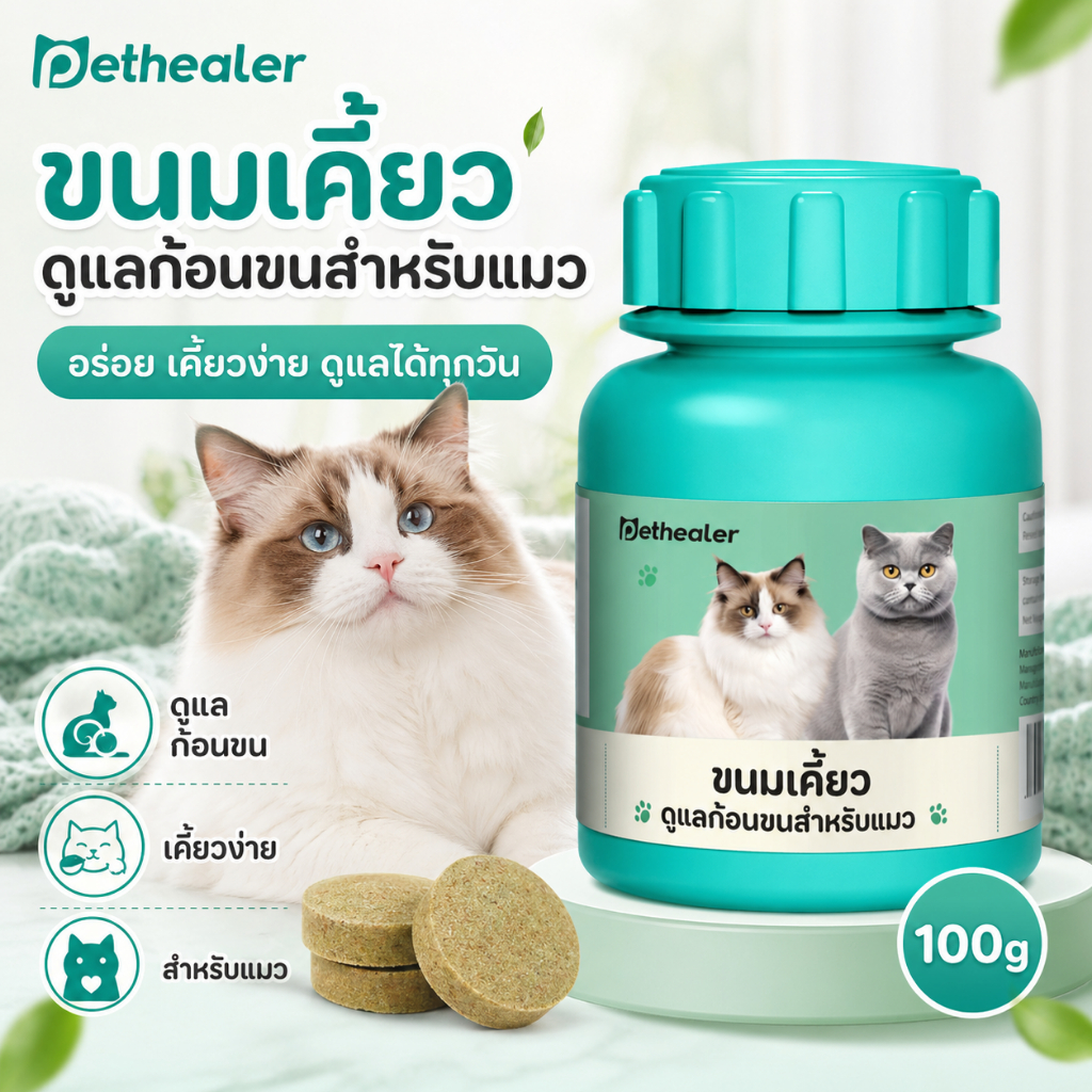 Hairball Cat Treat 100g ขนมแมวเลียเม็ด Pethealer ดูแลก้อนขน แมวขนร่วง ระบบทางเดินอาหาร Cat Digestive Care Snack เคี้ยวง่าย - ภาพที่ 3