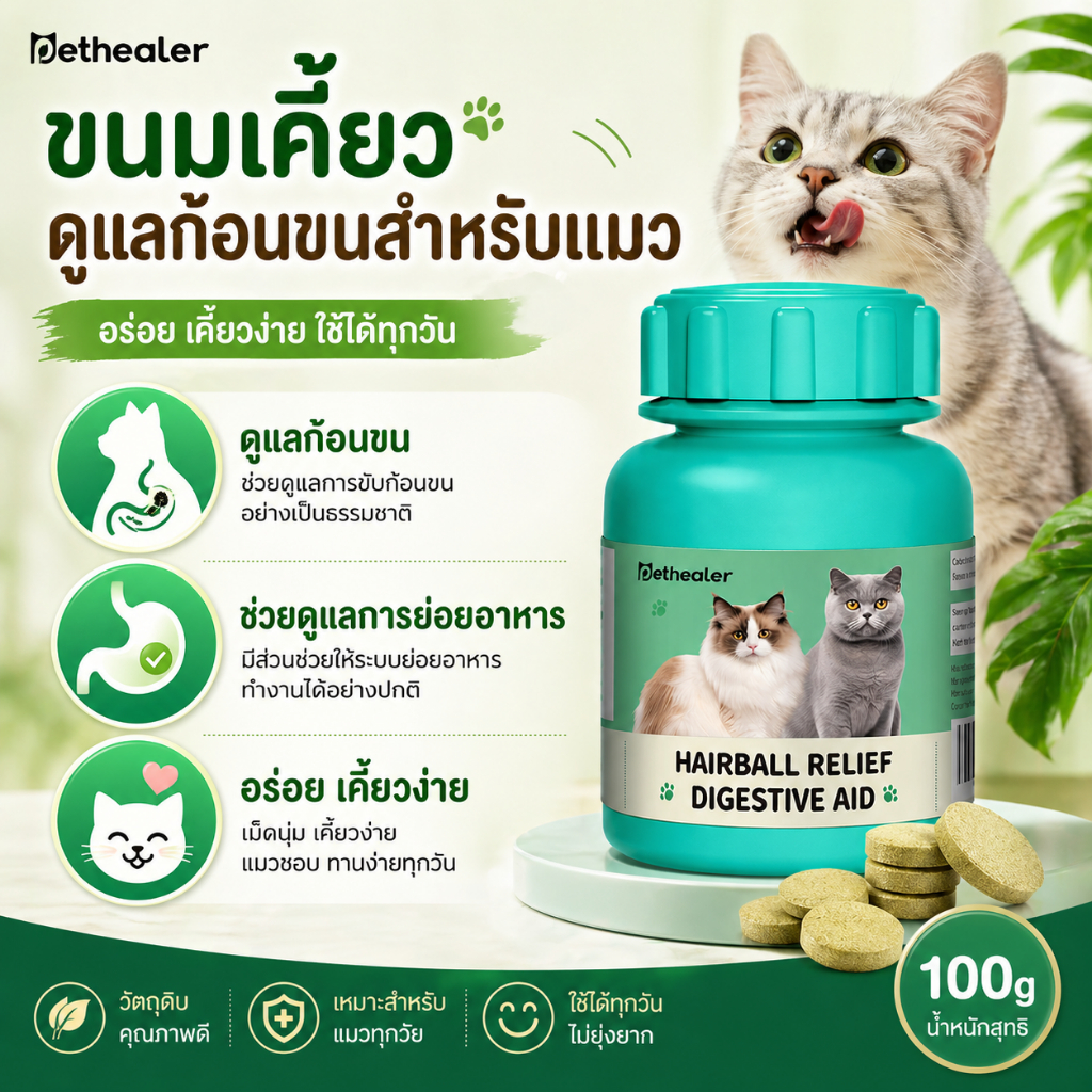 Hairball Cat Treat 100g ขนมแมวเลียเม็ด Pethealer ดูแลก้อนขน แมวขนร่วง ระบบทางเดินอาหาร Cat Digestive Care Snack เคี้ยวง่าย - ภาพที่ 5