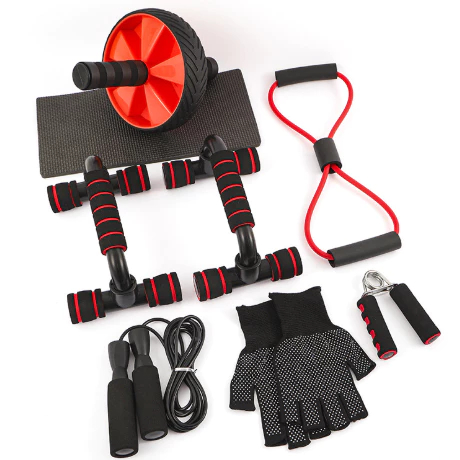 Kit Fitness 6/7/8 in 1 Roda Abdominal Flexão Corda Elástico Hand Grip Tapete Treino em Casa Luvas