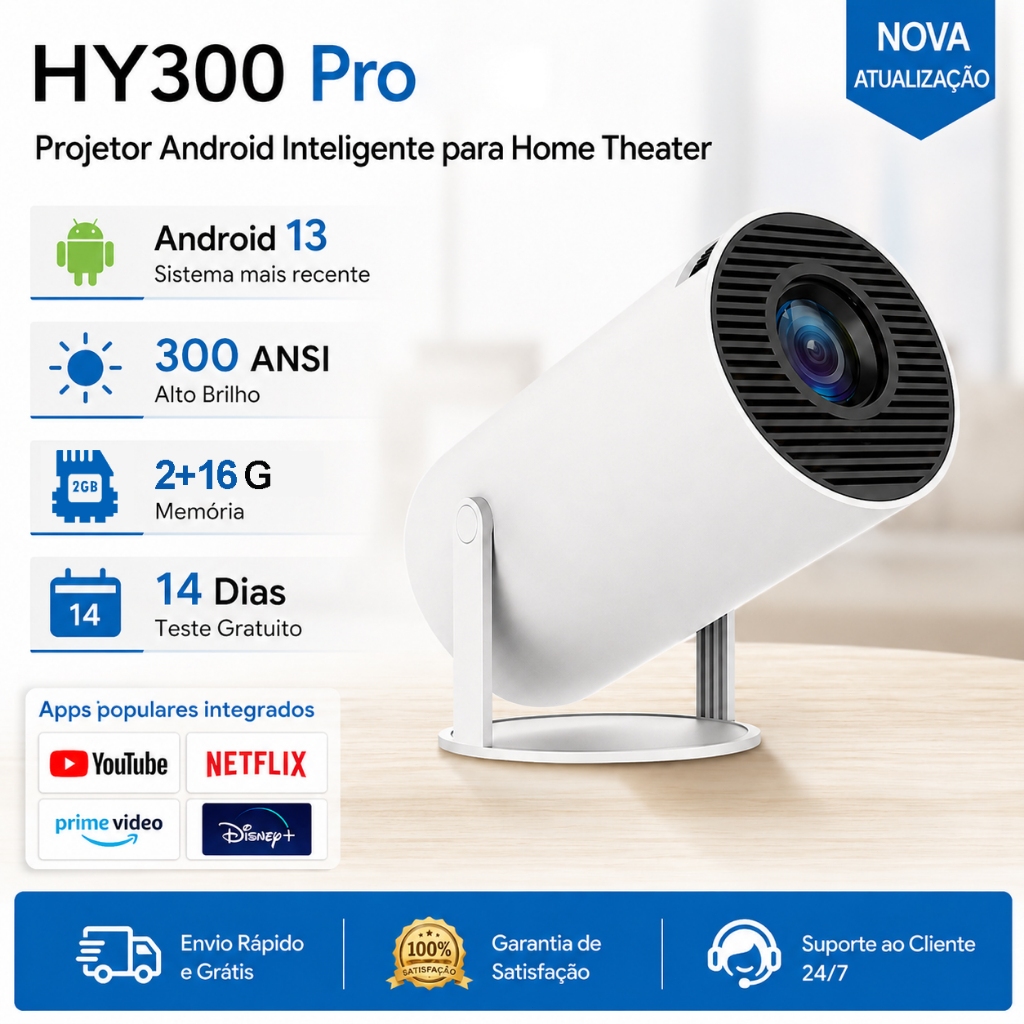 Projetor HY300 Pro 300ANSI 1080P Android 13.0 2GB+16GB WiFi 6 Netflix YouTube Mini Portátil Cinema Promoção Barato
