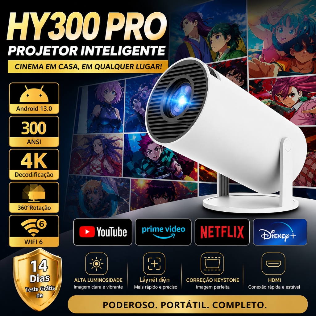 HY300 Pro Projetor 300 ANSI Android 13 2GB+16GB Play Store Netflix YouTube WiFi 1080P 4K Mini Portátil 14 Dias Teste