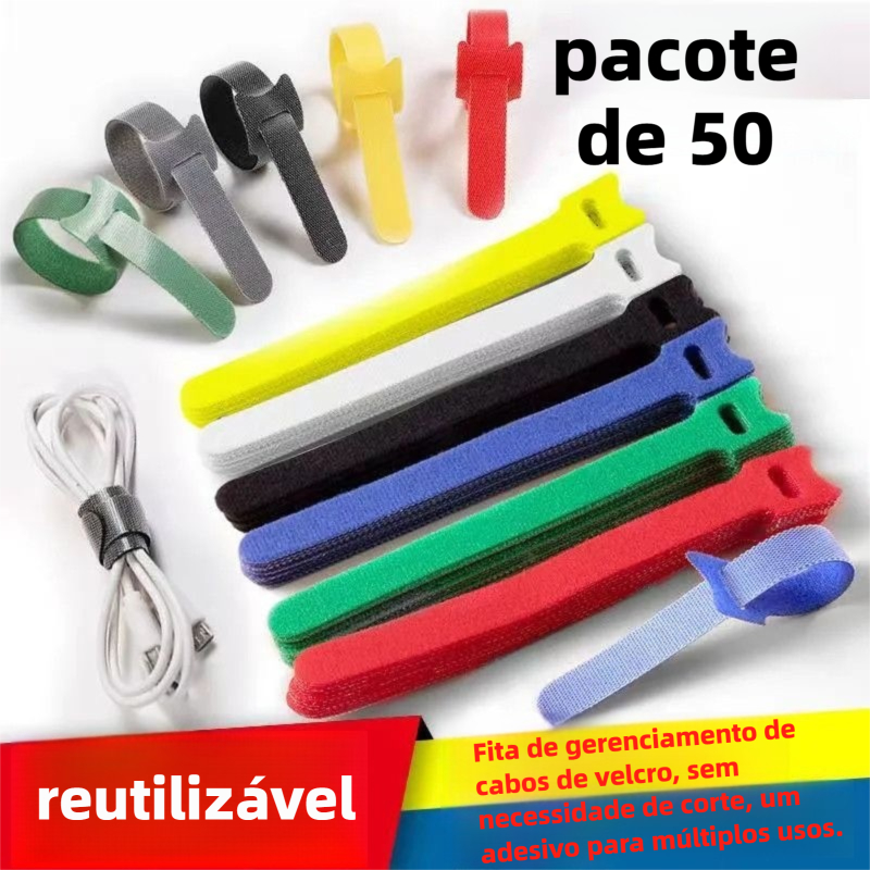 Fitas de nylon com fecho de velcro sem cola. Fitas de fixação reutilizáveis para organizar fios e cabos.