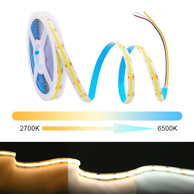DC12V 24V 2700K-6500K CCT COB FOB LED Strip Light 608LEDs/M Fita Flexível Regulável 5M