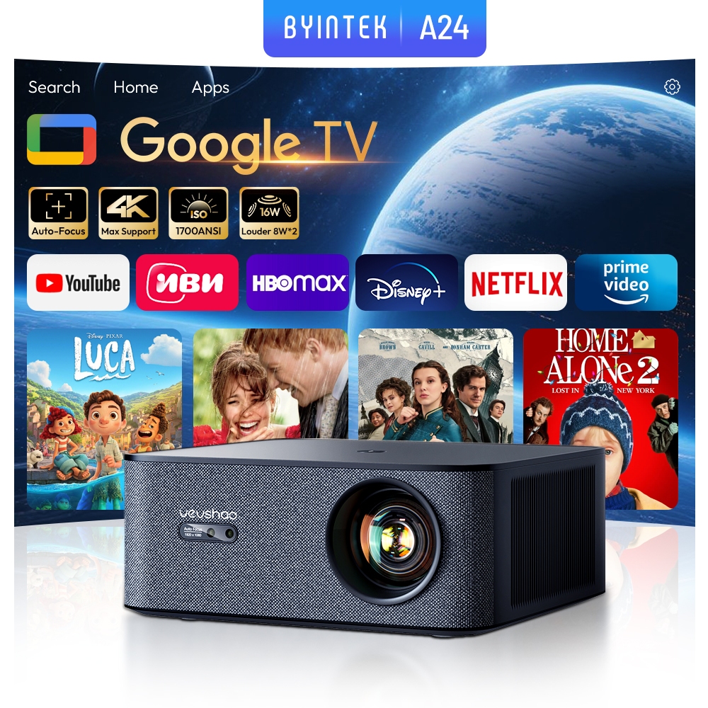 Projetor VEVSHAO A24 1080P 1700 ANSI Google TV 4K Foco Automático Keystone