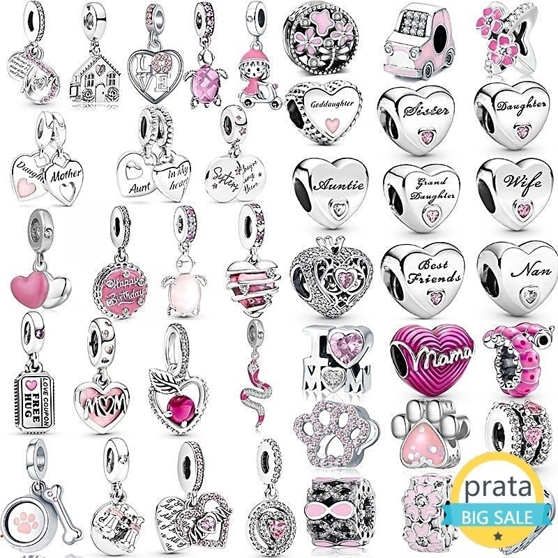Charms Berloque De Prata 925 Rosa Bijuterias Pingente Charme Amor MOM Diamante Amuletos Família Mãe Irmã