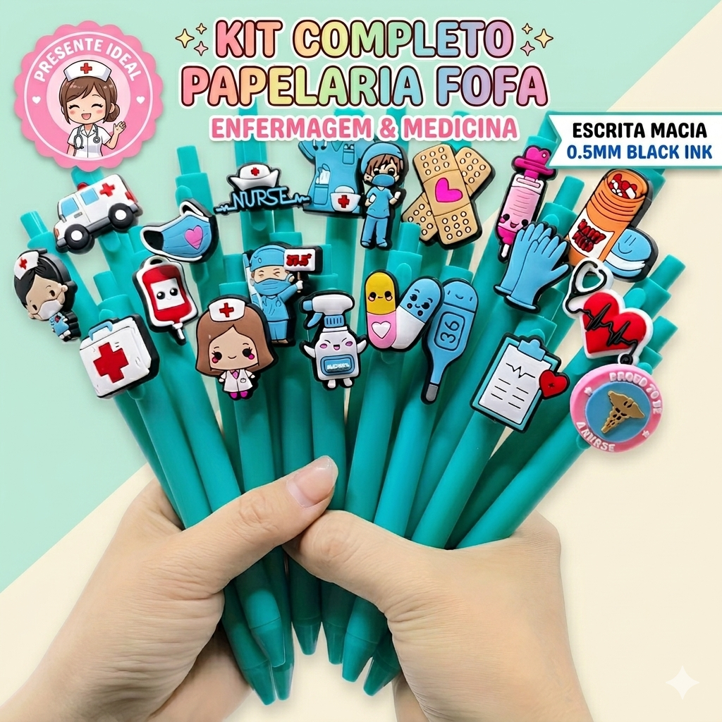 Kit Canetas Gel Kawaii Enfermagem e Medicina - Papelaria Fofa para Enfermeira e Médico - Presente Criativo Escrita Macia