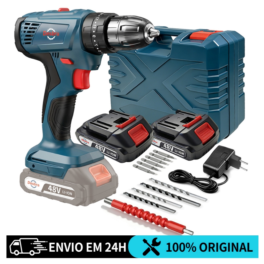 Furadeira Parafusadeira 48V Brushless Sem Fio Uso Doméstico 2 Baterias Pronta Para Uso Leve Potente