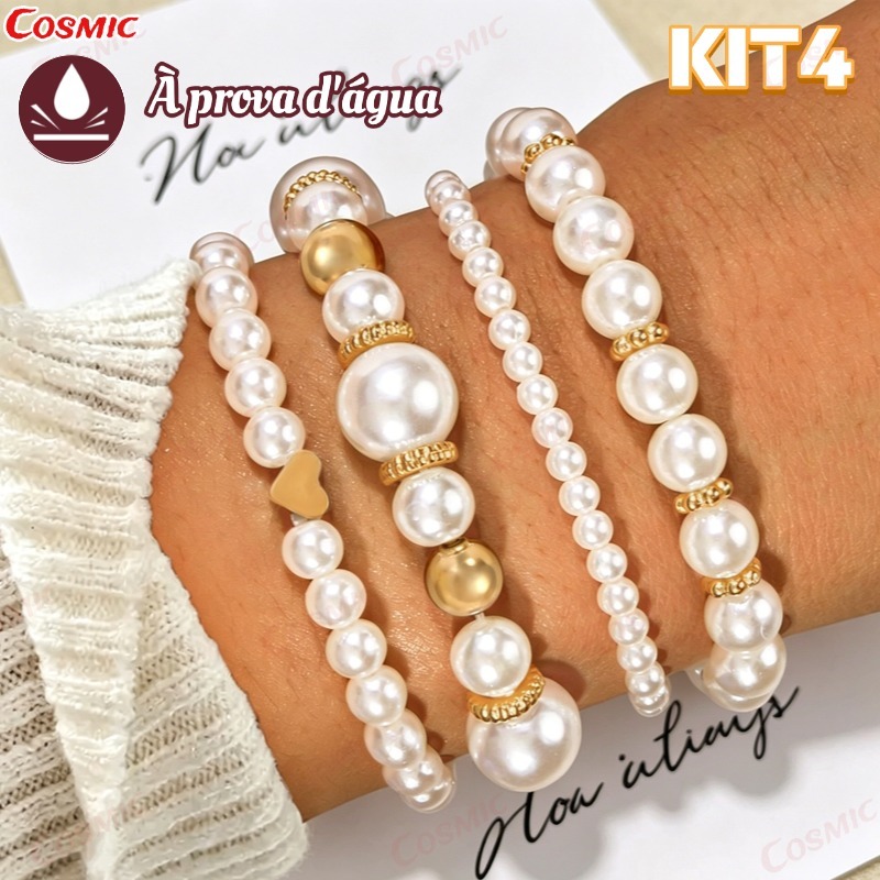 Conjunto de Pulseiras de Pérolas Femininas da Love Fashion Series - Quatro Peças, Elegante, Sofisticado e com Estilo-CO