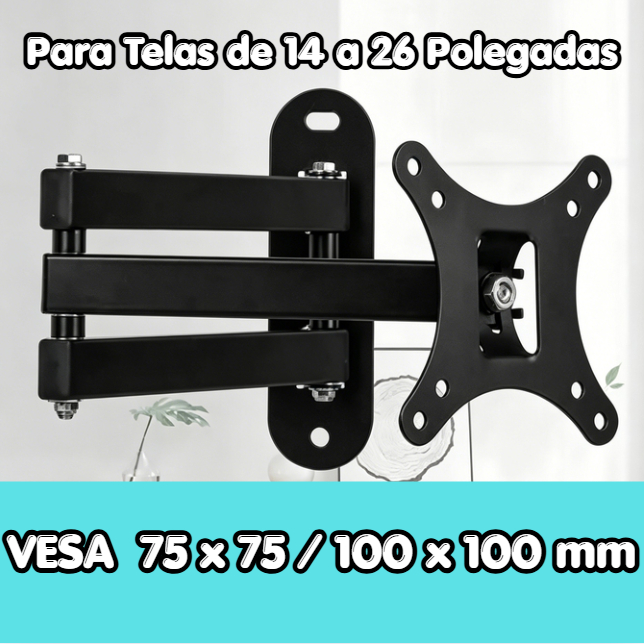 Imagem X100 - Suporte TV e Monitor Parede Articulado Braço Ajustável Lcd Led Plasma 14-26" VESA 75x75/100x100mm