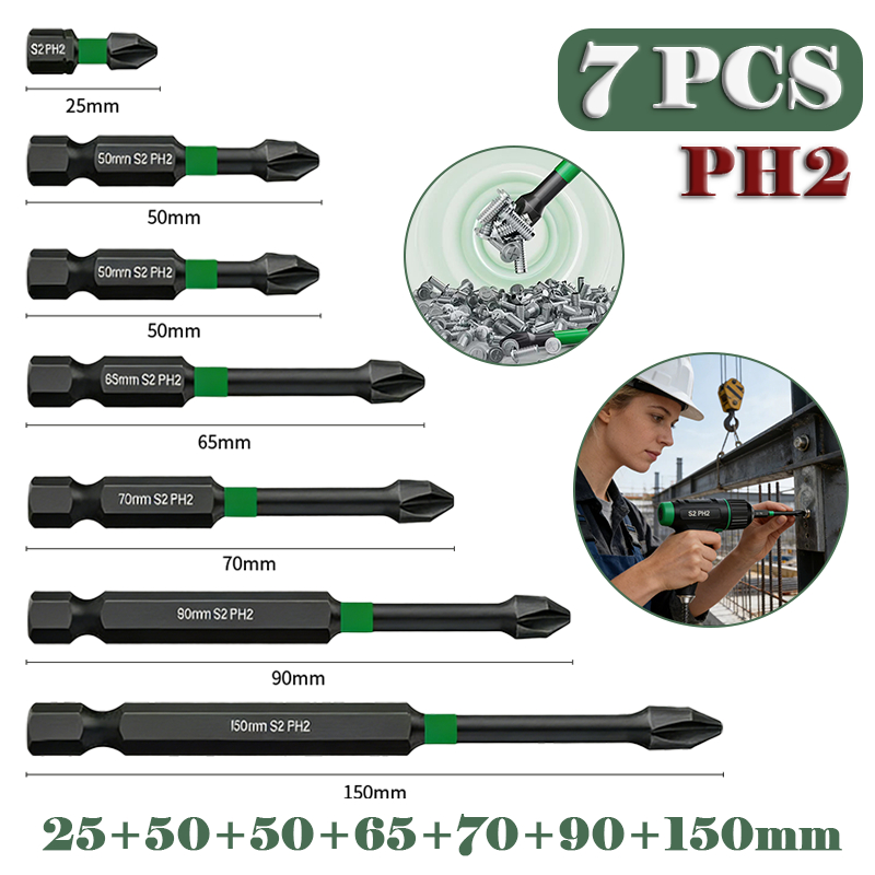 Conjunto de Bits Phillips Magnéticos Verde PH2 de Alta Resistência - 25, 50, 50, 65, 75, 90 e 150mm - Kit com 7 Peças