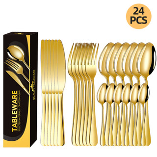 Jogo 24 Peças de Talheres Aço Inox Dourado (Banho a Ouro), Luxuoso