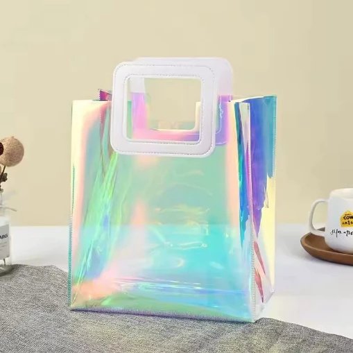 Bolsa feminina pequena de praia de vinil multicolorido, elegante, pequena, grande capacidade