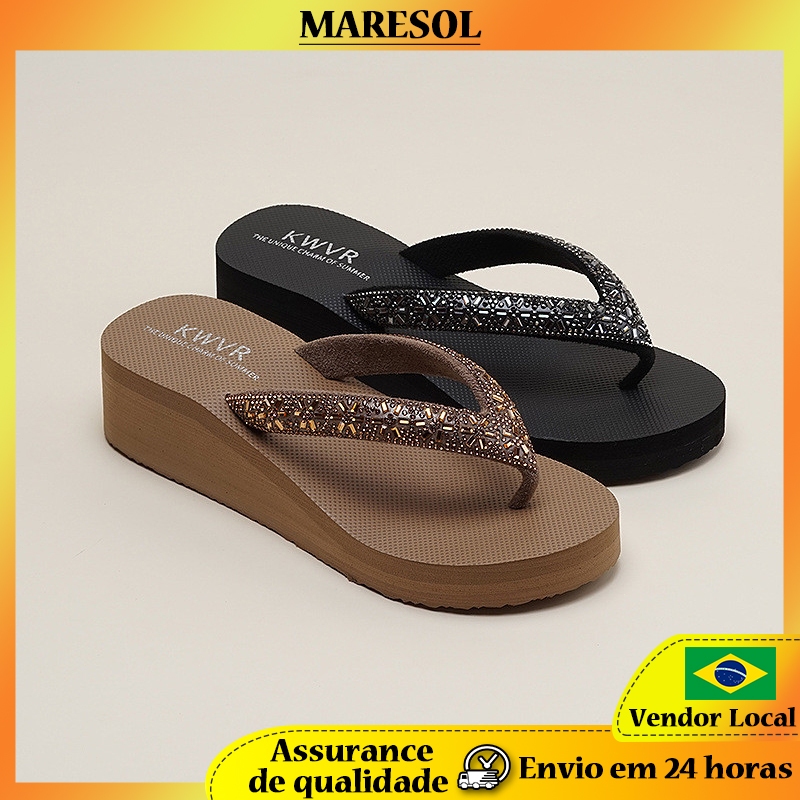 MARESOL Chinelos Mulheres Verão Strass Sandálias Femininas Desgaste Exterior Moda Seaside Sapatos de Praia Salto Cunha R