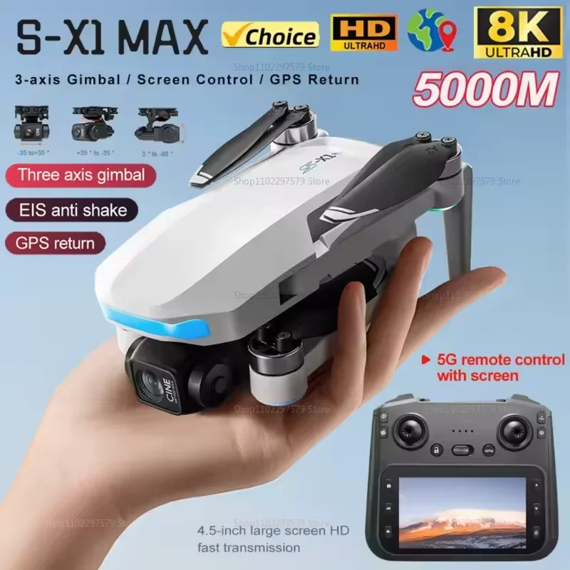 S-X1 Mini Drone Com Tela Grande Gimbal De 3 Eixos Anti-Vibração 8K Drones Sem Escova Aéreos 5G GPS 8K HD Câmeras EIS UAV