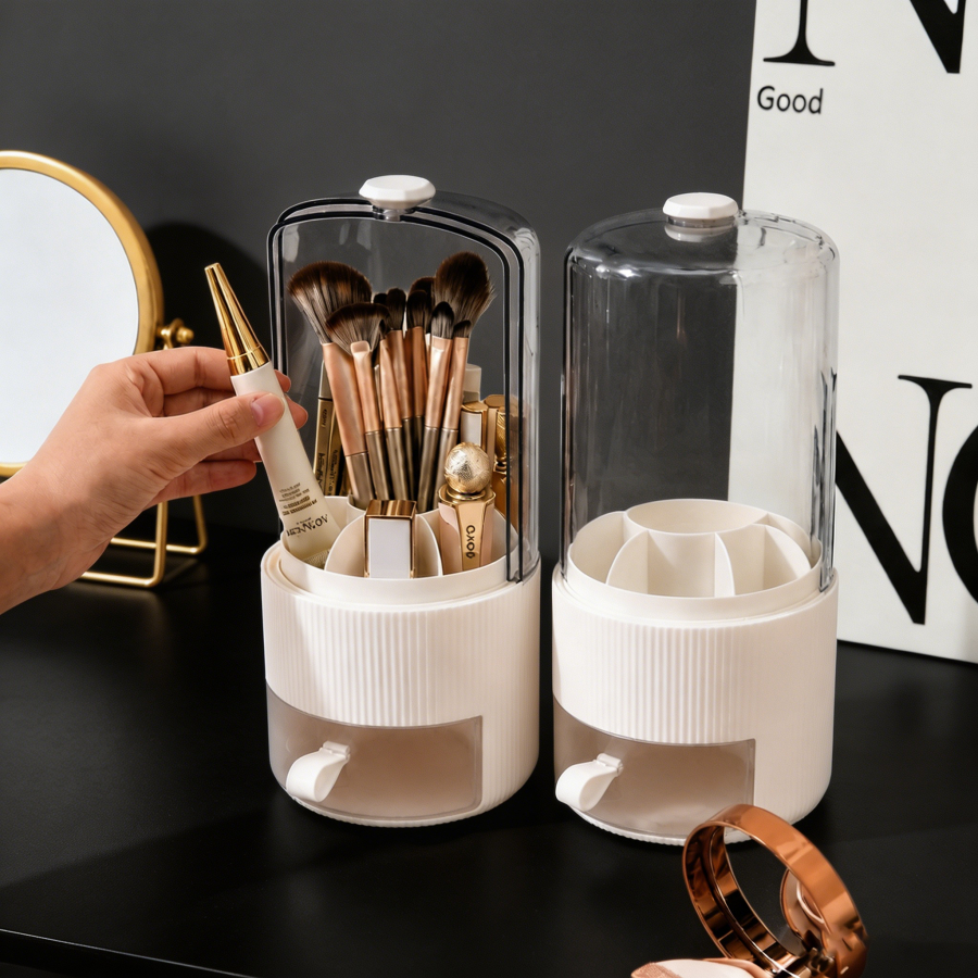 Organizador Giratório para Pincéis de Maquiagem com Tampa Antipoira, Porta-pincéis de Mesa