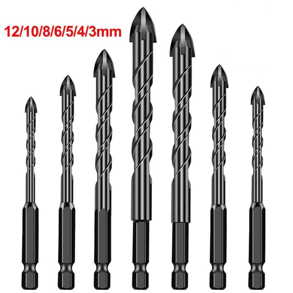 Kit 7 Pcs Brocas Hexagonais Cruzadas 3-12mm para Furo em Concreto Cerâmica e Vidro Triangular em Liga Dura