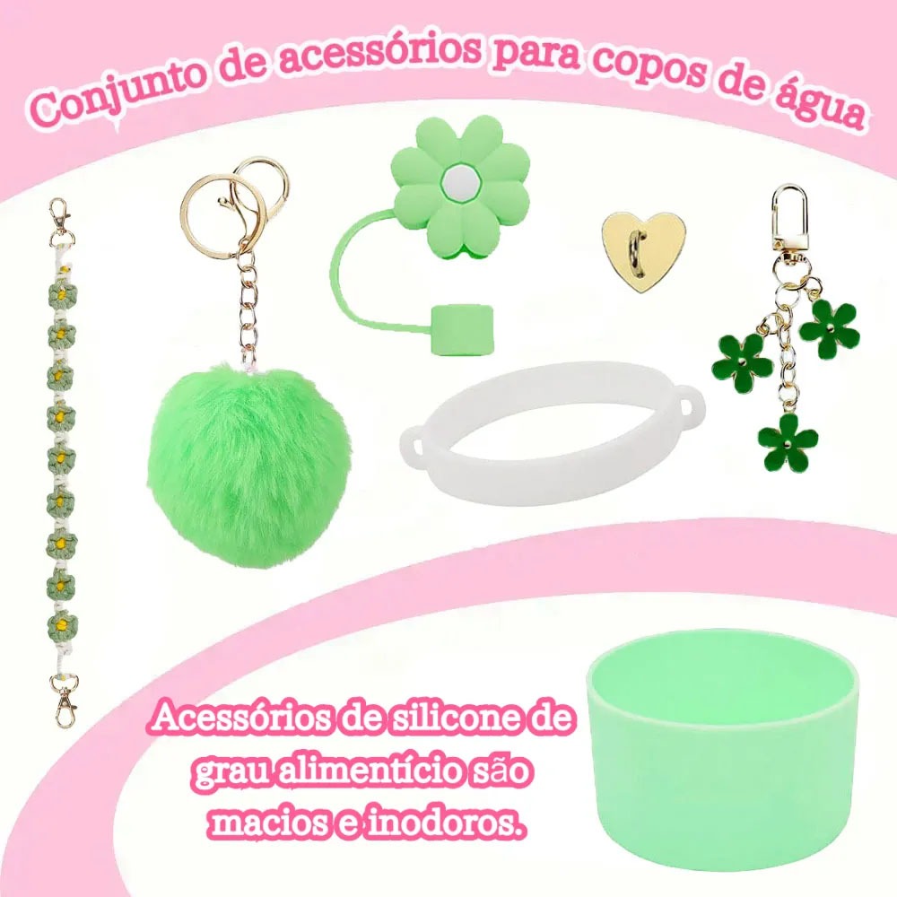 Kit Completo Acessórios para Copo Térmico 40/30oz Flor de Coração Pelúcia Alça Trançada Capa de Silicone Tampa de Canudo