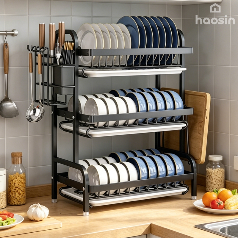 HAOSIN Escorredor de Louça de Aço Inox Preto 3 Camadas Organizador para Cozinha Doméstica