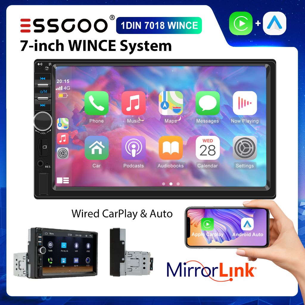 ESSGOO 1/2 Din 7018B Som Automotive com Fio, CarPlay e Rádio FM com Tela Sensível ao Toque HD 7" e Reprodutor de MP5