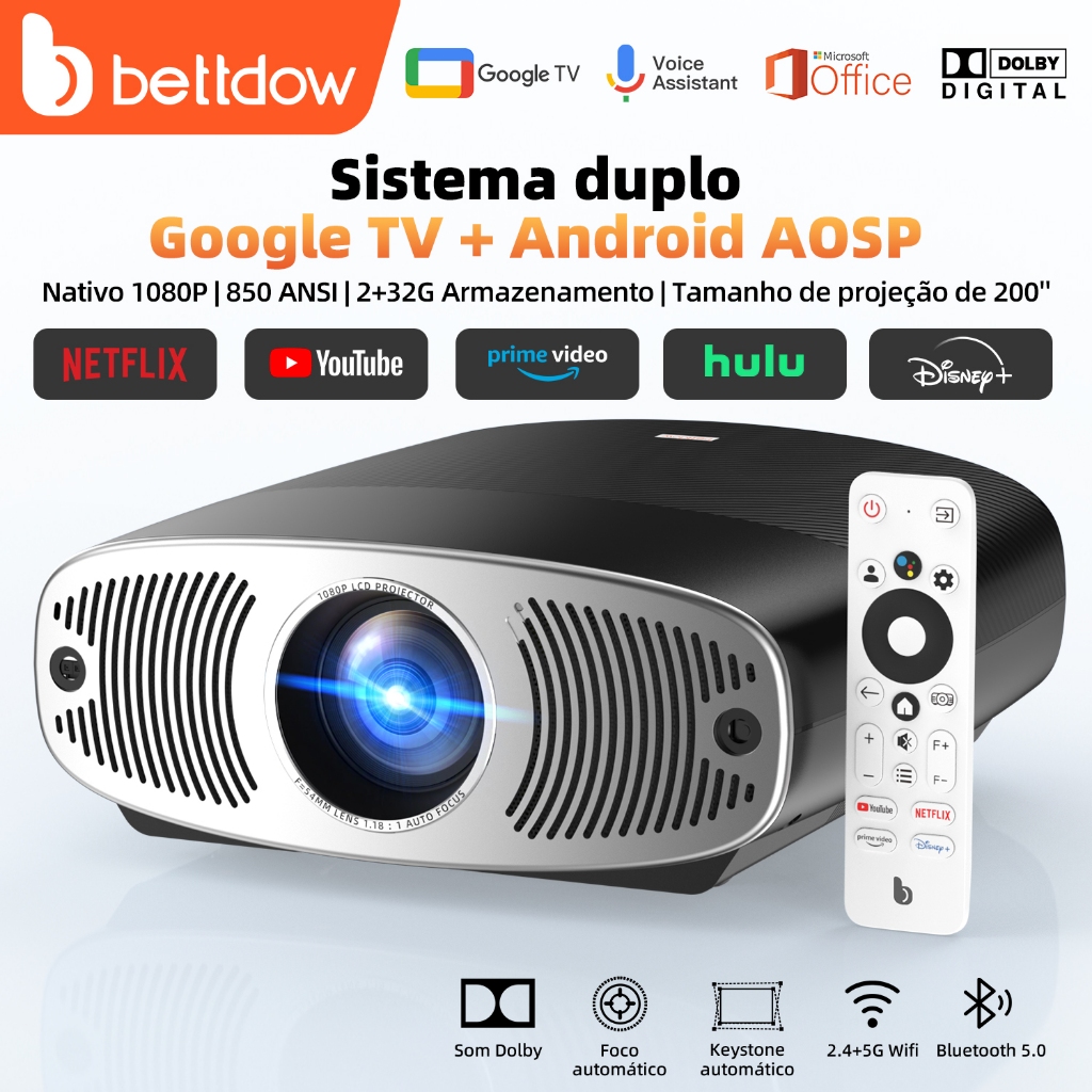 Projetor Bettdow 4K 25000 Lumens Full HD 1080p Compatível Com Android 9.0 Original Netflix + Google TV , 850 ANSI