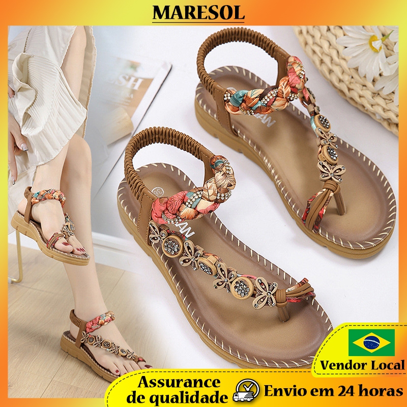 MARESOL Novo Estilo Boêmio Sandálias de Sola Grossa Confortáveis Fita Tecido à Mão Strass Sapatos Femininos