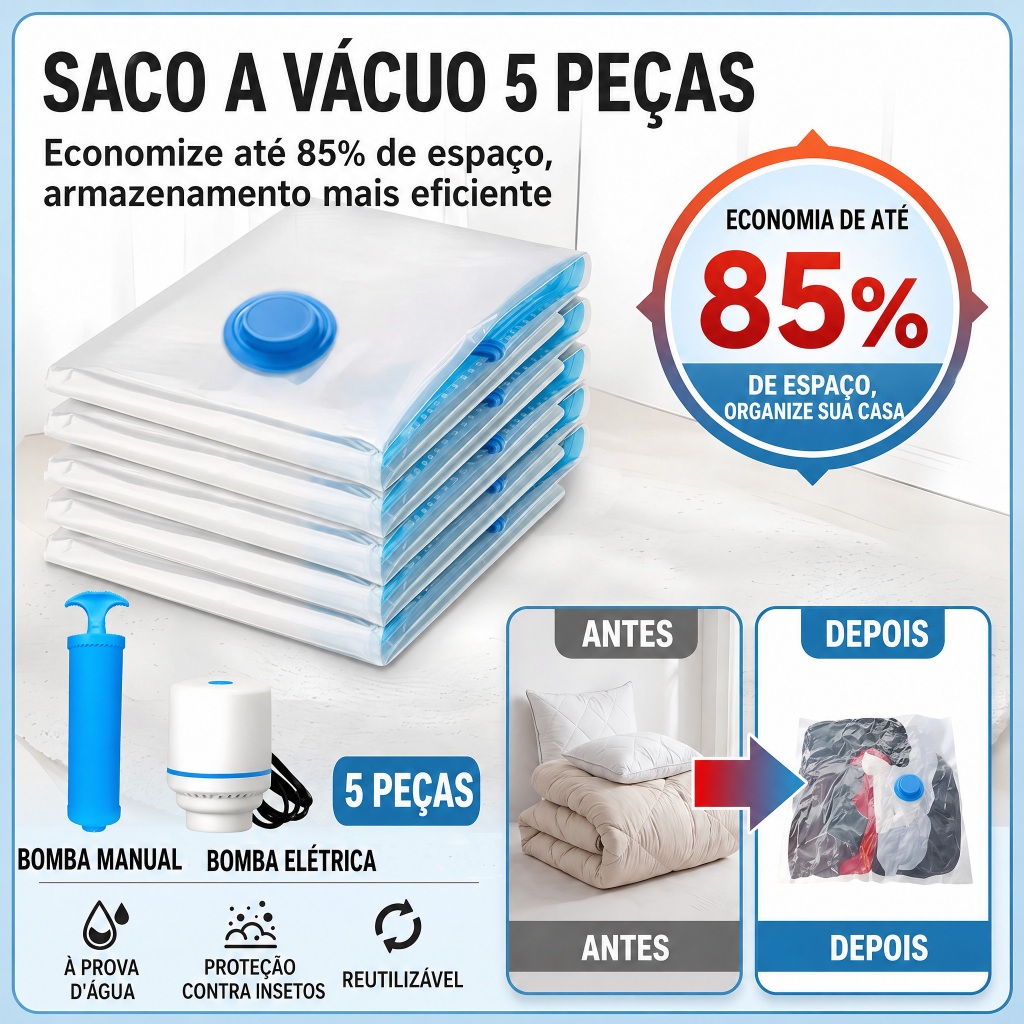Kit 3/5/10 Saco a Vacuo + Bomba Organização de Roupas Mala Viagem Guarda Roupas