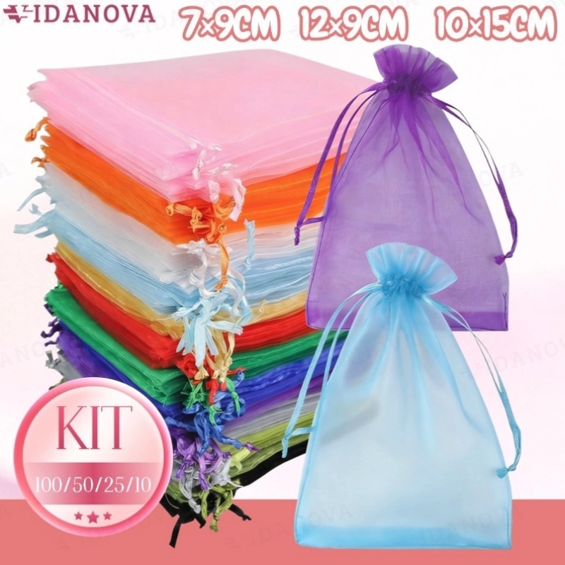 Conjunto de bolsas de organza e tule para casamentos, festas,maquiagem， armazenamento e batons(Escolha A Cor)-VN