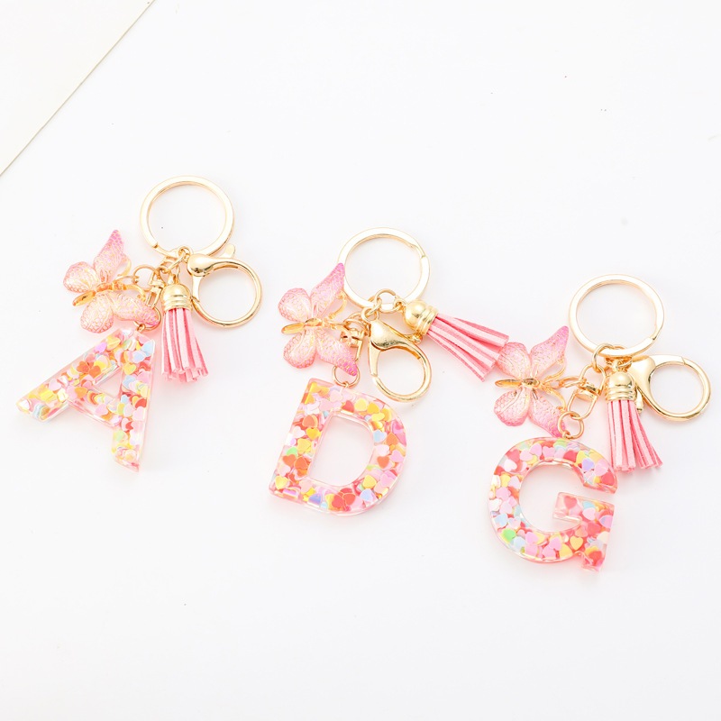 Chaveiro De Resina De Lantejoulas Rosa Com 26 Letras E Acessório De Borla Borboleta Para , Cabide De Mochila
