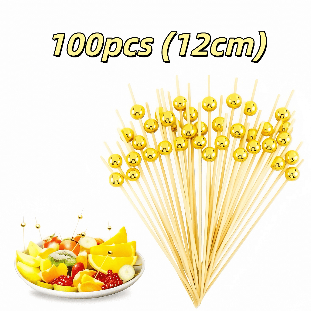 Kit 100 Palitos de Bambu Para Petisco Decorado Bolinha dourada 12cm