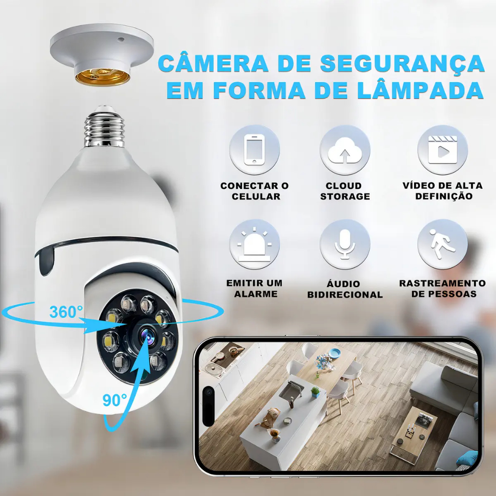 Câmera Inteligente WiFi Com Lâmpada 1080P HD Visão Noturna De Segurança CCTV Externa
