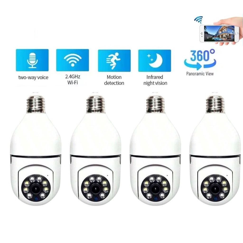 Pacote Com 4 Câmeras De Segurança Lâmpada LED Inteligente E27-Visão Noturna HD , 360 ° Pan-Tilt , WiFi , Áudio Bidirecio