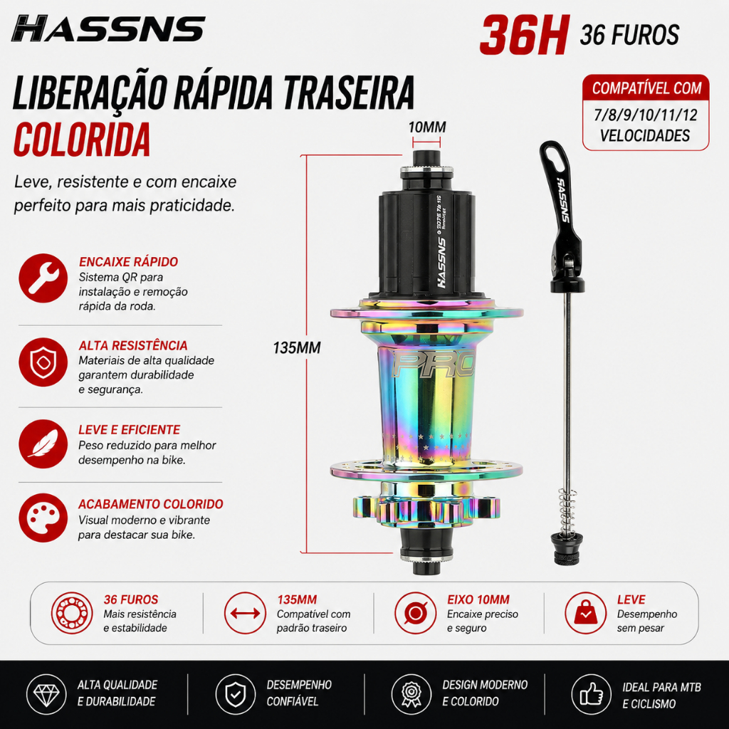 HASSNS PRO7 Cubo MTB 6 Pinos 32/36 Furos para Freio a Disco - Compatível 7-12 Vel. QR/TA - Cores Variadas Alta Qualidade — imagem 2 de 2