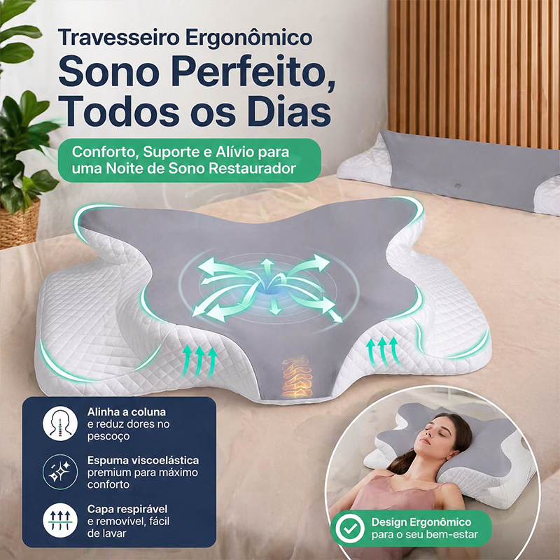 Travesseiro ortopédico borboleta cervical para combate a dores na coluna, dores de cabeça fronha lavável viscoelastico
