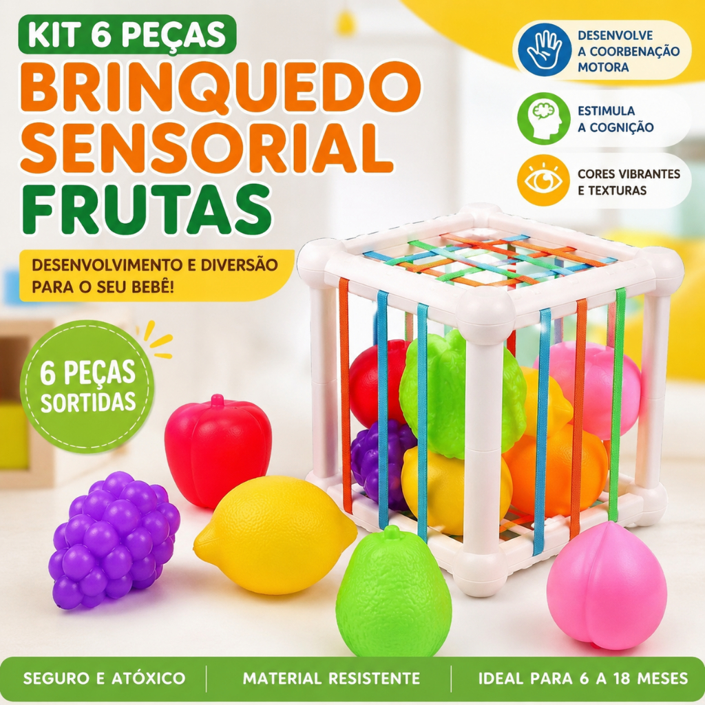 Kit 6 Peças Brinquedo Montessori Sensorial Frutas para Bebê 6-18 Meses Desenvolvimento Motor Presente Educativo Crianças