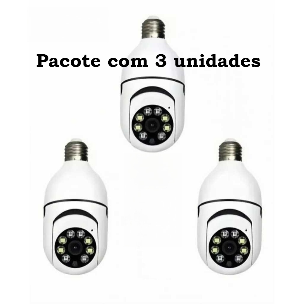 Pacote Com 3 Câmeras De Segurança Lâmpada LED Inteligente E27-Visão Noturna HD , 360 ° Pan-Tilt , WiFi , Áudio Bidirecio