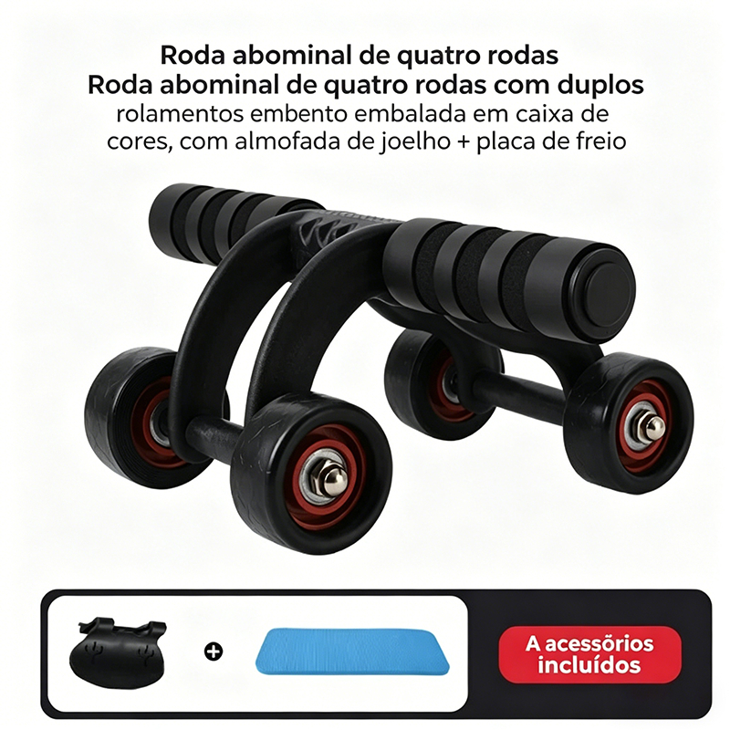 Roda Abdominal " Frog-Style " De 4 Rodas (Preta) – Joelheira + Freio Equipamento De Fitness