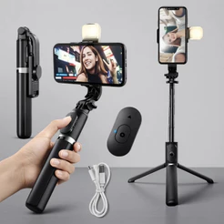Tripé Selfie para Celular com Luz LED e Controle Bluetooth – Bastão de Selfie Ajustável com Tripé