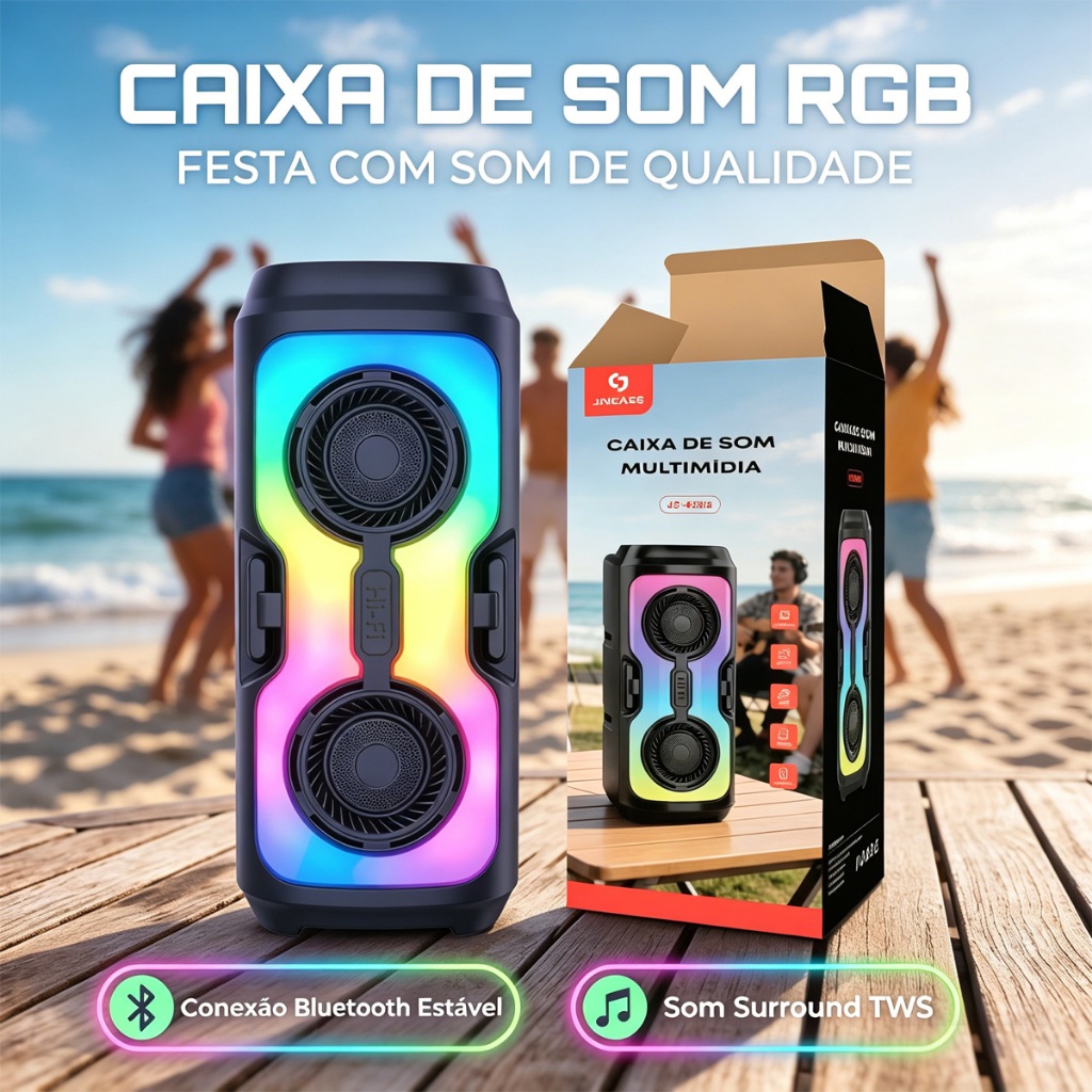 Caixa de som Bluetooth 5.4 Portátil  Longa Duração Com Led RGB Portátil FM USB TWS 50W Para Praia, Festa ou Viagem