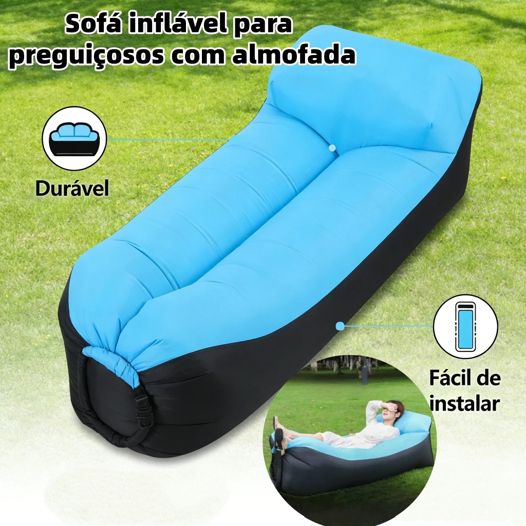 Sofá Inflável Preguiçoso para Camping e Praia, Cama Portátil de Acampamento