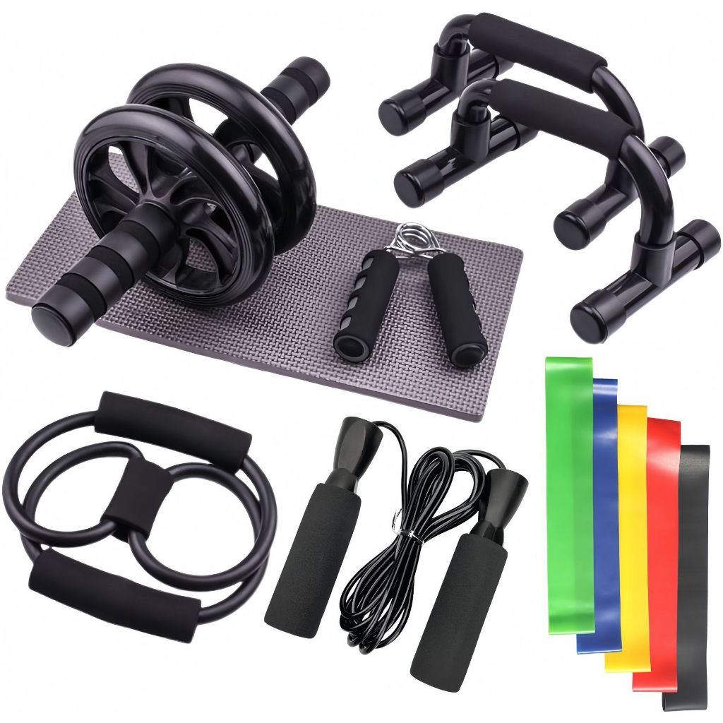 Kit Fitness 12 em 1 com Roda Abdominal, Flexão, Corda Elástica, Hand Grip e Tapete – Treino em Casa