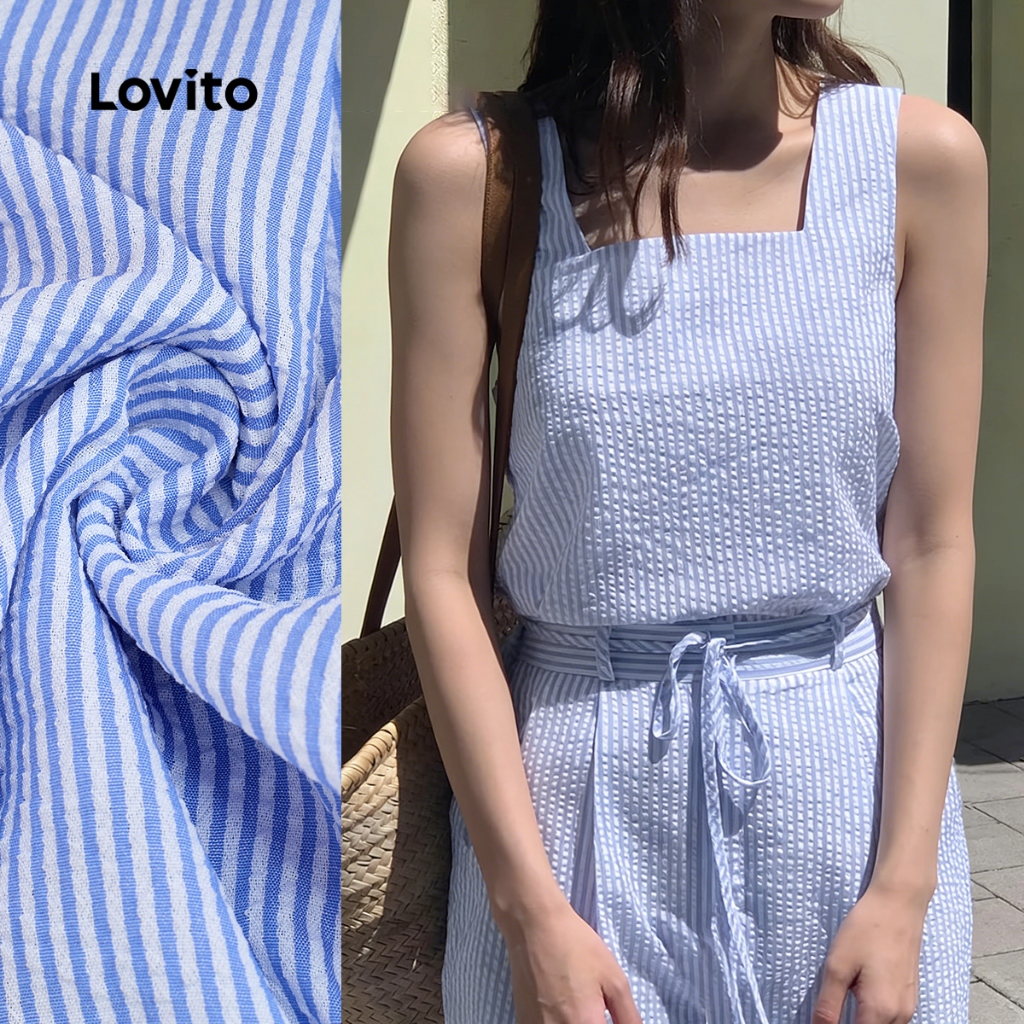 (Lovito x Ana) Casual Macacão de Renda com Amarração Primavera/verão Macacão Azu