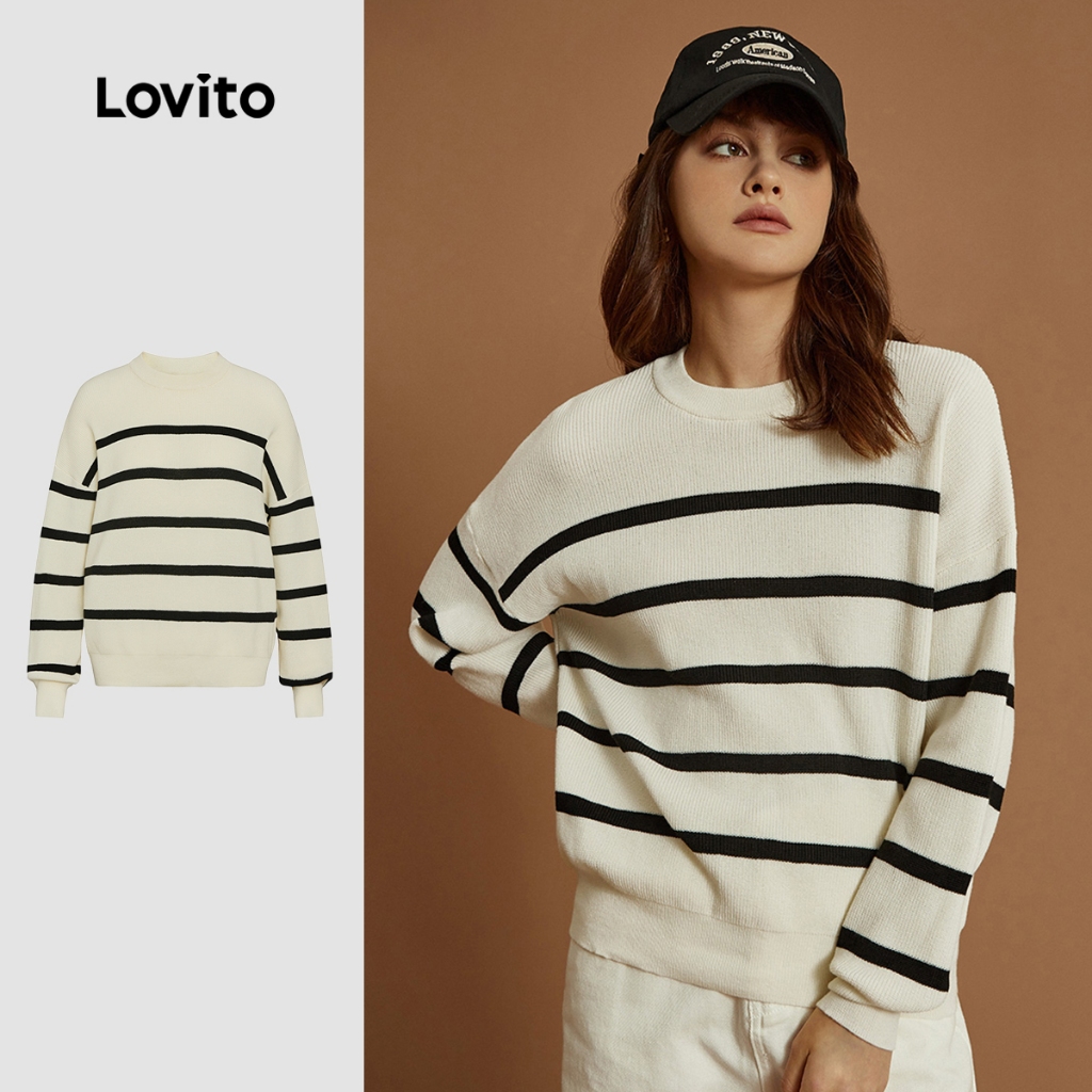 (Lovito x Ana) Suéter Casual Solto Listrado Comprida Para Mulheres L32ud004 (branco-sujo)