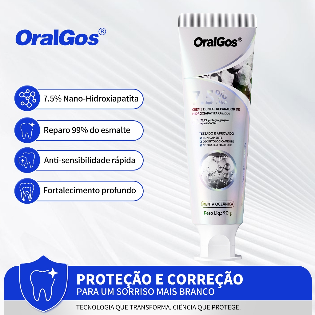 OralGos Creme Dental com Nano-Hidroxiapatita，Espuma Suave, 90g,Menta Oceânica
