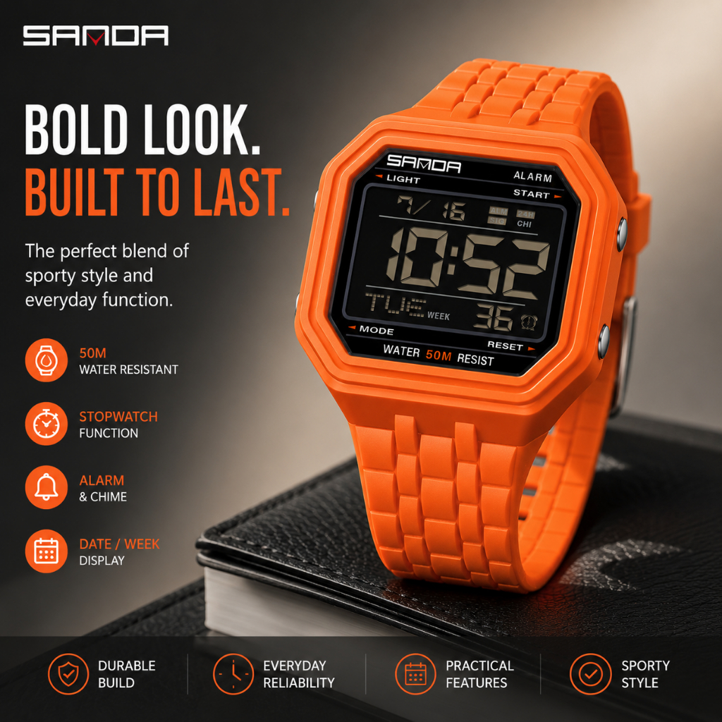 SANDA 6366 Relógio Esportivo Digital Masculino Multifuncional À Prova D'água Quadrado De Pulso Eletrônico Para Estudante
