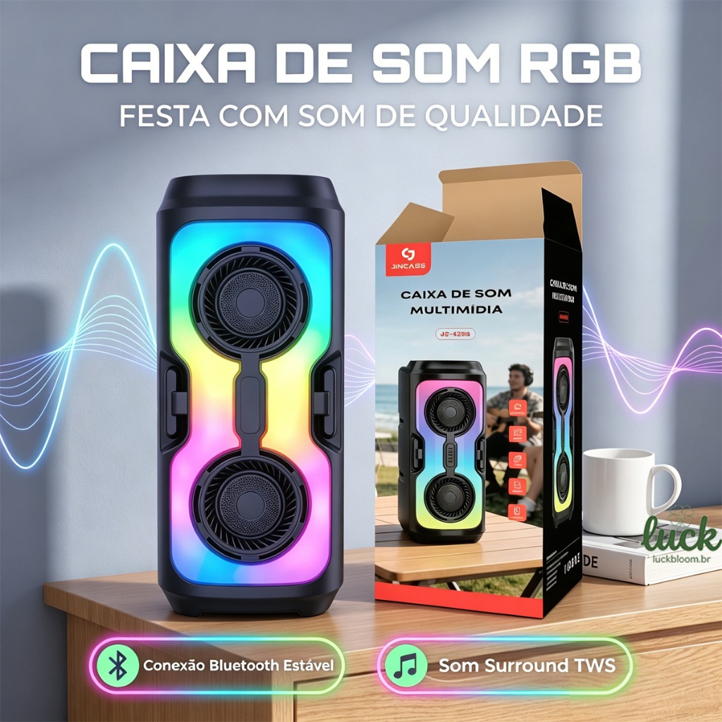 Caixa de som Bluetooth Portátil Com Led RGB Portátil FM USB TWS 50W