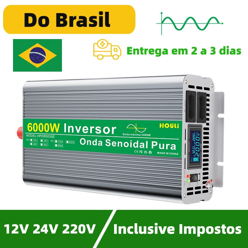 HOULI 6000W Inversor de Energia Deonda Senolidal pura DC12V 24V Para AC 220V 60Hz Display LED Conversor Poderoso Off-gri