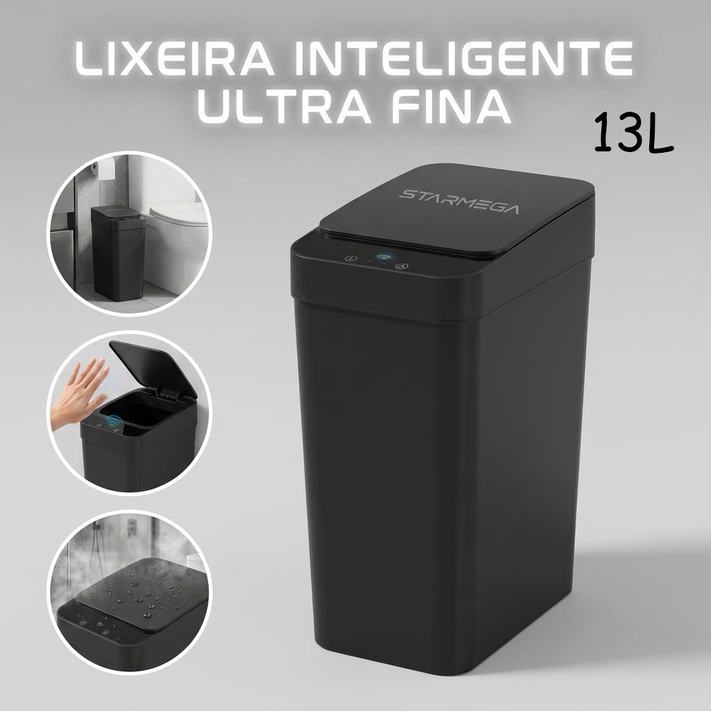 Lixeira Automática 13L Sensor Infravermelho Sem Toque com Tampa para Cozinha, Banheiro e Escritório